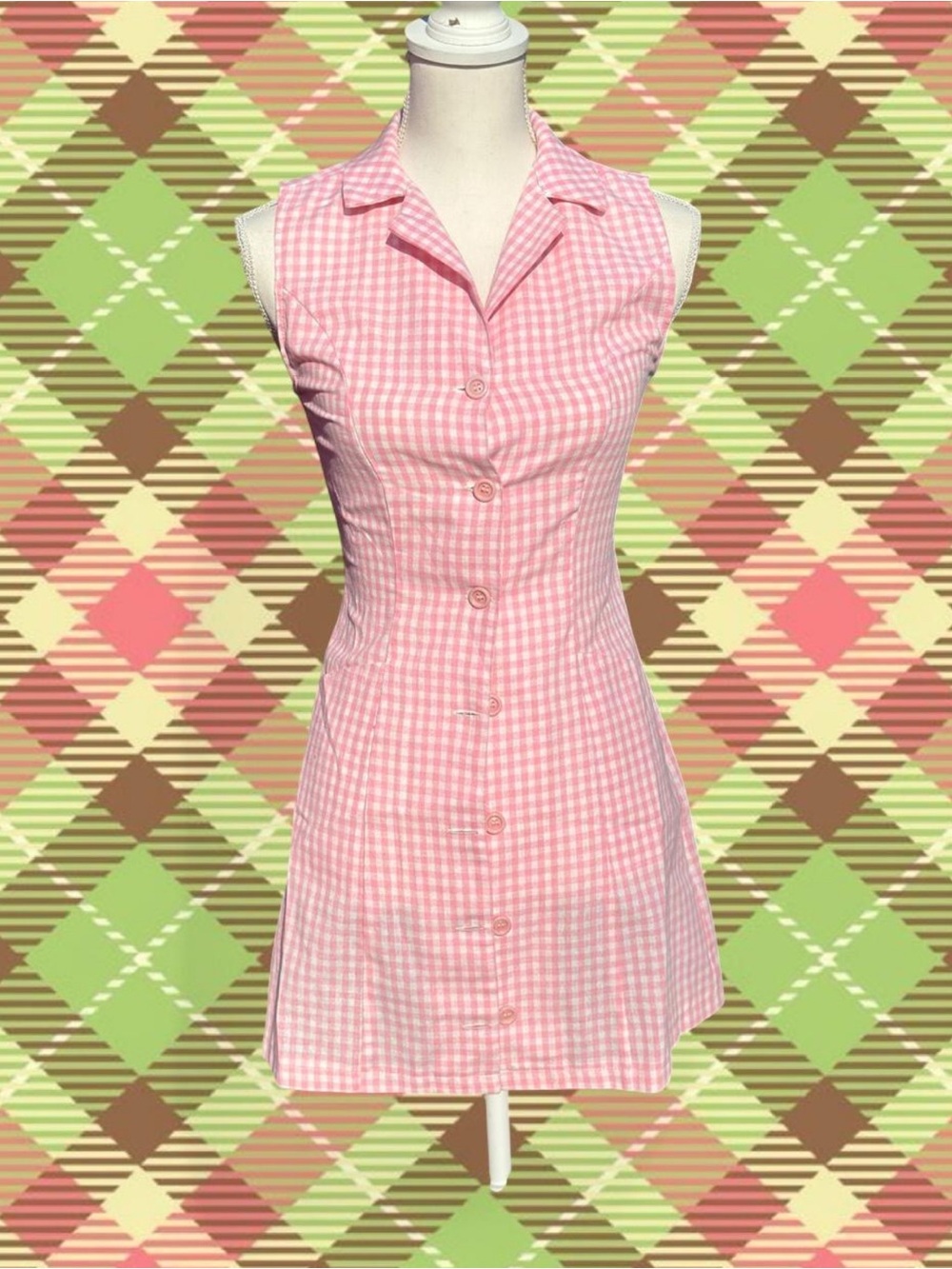 Pink Gingham Sleeveless Button-Front Dress